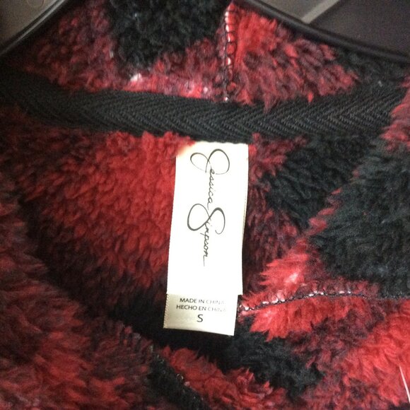Jessica Simpson Fleece Long Cardigan Robe Buffalo Plaid Hooded Red Cozy Chic S - Picture 3 of 5